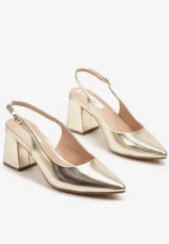Złote Sandały Slingback na Słupkowym Obcasie Tenella
