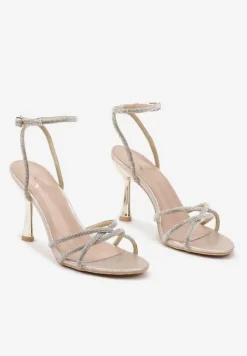 Złote Sandały Szpilki Ozdobione Cyrkoniami i Brokatem Setarlina