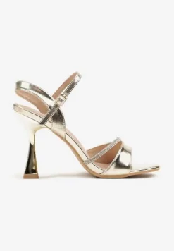 Złote Sandały Szpilki z Cyrkoniowym Zdobieniem na Obcasie Typu Klepsydra Haldiva