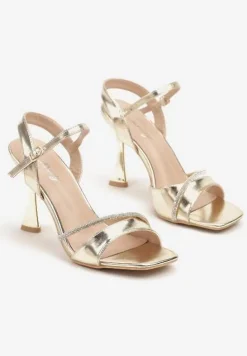 Złote Sandały Szpilki z Cyrkoniowym Zdobieniem na Obcasie Typu Klepsydra Haldiva