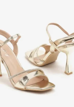 Złote Sandały Szpilki z Cyrkoniowym Zdobieniem na Obcasie Typu Klepsydra Haldiva