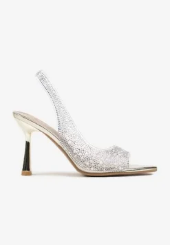 Złote Sandały Szpilki z Odkrytą Piętą i Noskiem z Cyrkoniami Efaliana