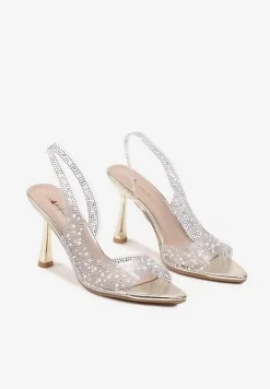 Złote Sandały Szpilki z Odkrytą Piętą i Noskiem z Cyrkoniami Efaliana