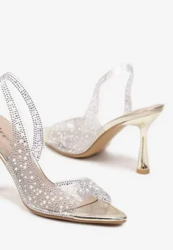 Złote Sandały Szpilki z Odkrytą Piętą i Noskiem z Cyrkoniami Efaliana