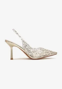 Złote Sandały Szpilki z Odsłoniętą Piętą Ozdobione Cyrkoniami i Perłami Nelionna