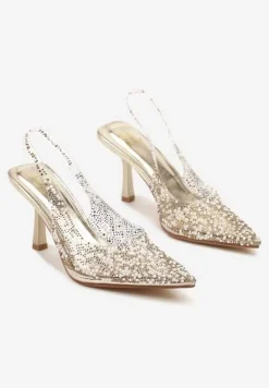 Złote Sandały Szpilki z Odsłoniętą Piętą Ozdobione Cyrkoniami i Perłami Nelionna