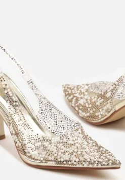 Złote Sandały Szpilki z Odsłoniętą Piętą Ozdobione Cyrkoniami i Perłami Nelionna