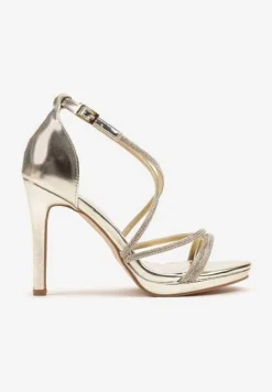 Złote Sandały Szpilki z Paseczkami Ozdobionymi Cyrkoniami Eladriela