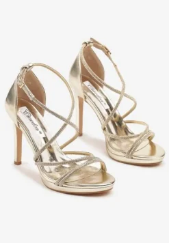 Złote Sandały Szpilki z Paseczkami Ozdobionymi Cyrkoniami Eladriela