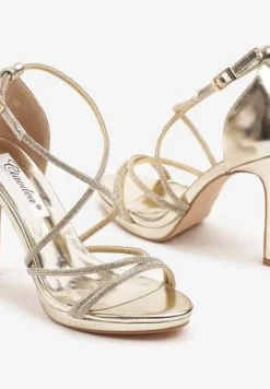 Złote Sandały Szpilki z Paseczkami Ozdobionymi Cyrkoniami Eladriela