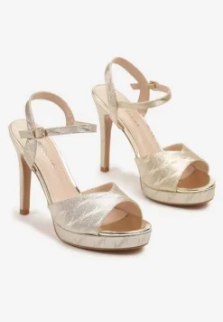 Złote Sandały Szpilki z Platformą w Abstrakcyjny Wzór Lisanitia