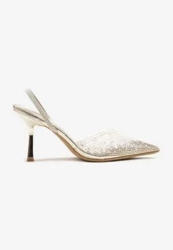 Złote Sandały Szpilki z Transparentnym Noskiem w Szpic z Cyrkoniami Nimilune