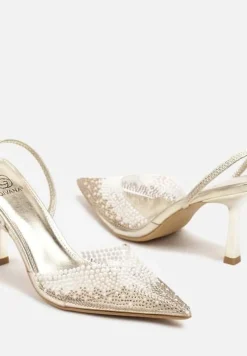 Złote Sandały Szpilki z Transparentnym Noskiem w Szpic z Cyrkoniami Nimilune