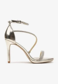 Złote Sandały Szpilki Zdobione Cyrkoniami Zapinane na Sprzączkę Ralisen