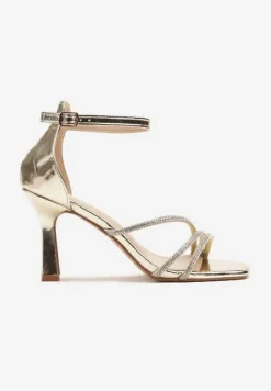 Złote Sandały Szpilki Zdobione Cyrkoniami Zapinane na Klamerkę Alimora