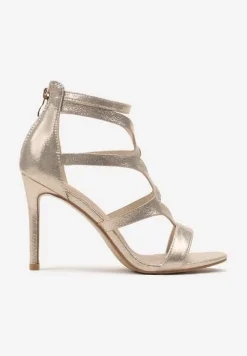 Złote Sandały Szpilki ze Skórzaną Wkładką i Ozdobnymi Paskami na Suwak Perseisa