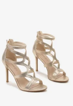 Złote Sandały Szpilki ze Skórzaną Wkładką i Ozdobnymi Paskami na Suwak Perseisa