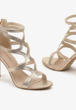 Złote Sandały Szpilki ze Skórzaną Wkładką i Ozdobnymi Paskami na Suwak Perseisa