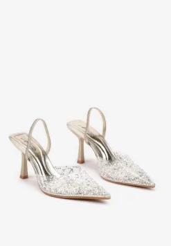 Złote Sandały Transparentne z Cyrkoniami na Niskiej Szpilce Leritta