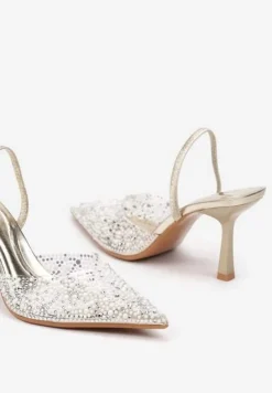 Złote Sandały Transparentne z Cyrkoniami na Niskiej Szpilce Leritta