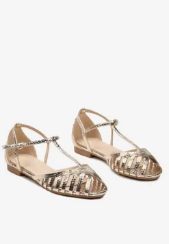 Złote Sandały Vices na Płaskiej Podeszwie Ozdobione Paseczkami z Zapięciem na Kostce Phaedrana