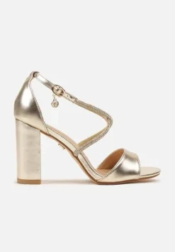 Złote Sandały Vices na Słupku Ozdobione Paskami z Cyrkonii Rovettia