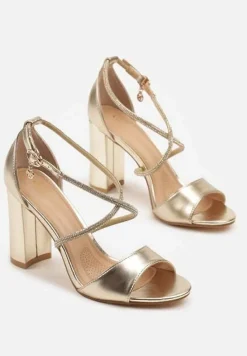 Złote Sandały Vices na Słupku Ozdobione Paskami z Cyrkonii Rovettia