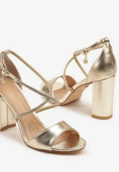 Złote Sandały Vices na Słupku Ozdobione Paskami z Cyrkonii Rovettia