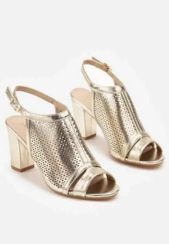 Złote Sandały Vices na Słupku z Ażurową Cholewką i Skórzaną Wkładką Saramiae