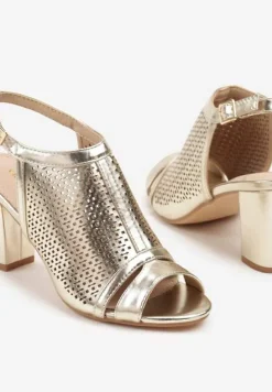 Złote Sandały Vices na Słupku z Ażurową Cholewką i Skórzaną Wkładką Saramiae