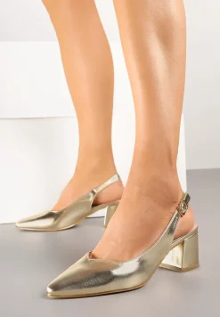 Złote Sandały Vices na Słupku Slingback ze Skórzaną Wkładką Ciaravien