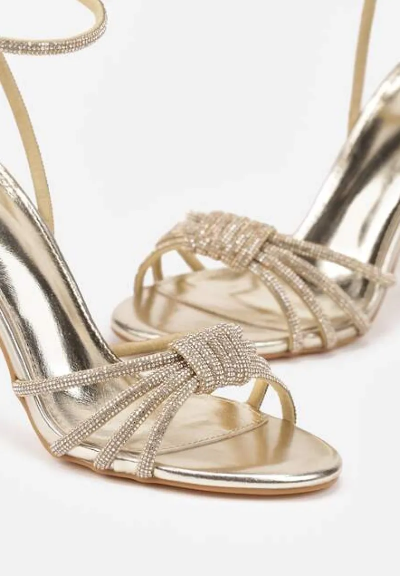 Złote Sandały Vices na Szpilce z Metalicznym Połyskiem i Cyrkoniami Linoressa