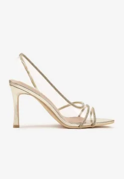 Złote Sandały Vices na Szpilce ze Skórzaną Wkładką z Cyrkoniami Arnellie