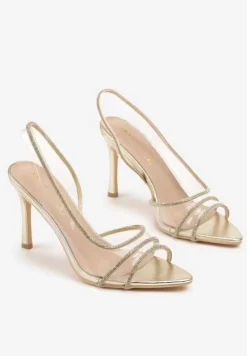 Złote Sandały Vices na Szpilce ze Skórzaną Wkładką z Cyrkoniami Arnellie