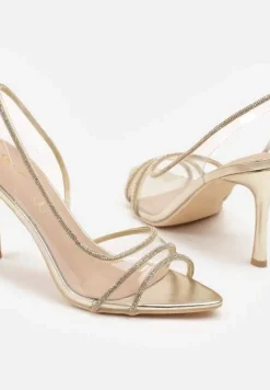 Złote Sandały Vices na Szpilce ze Skórzaną Wkładką z Cyrkoniami Arnellie