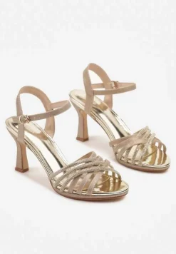 Złote Sandały Vices na Szpilce Ozdobione Brokatem i Cyrkoniami Ulonissela