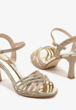 Złote Sandały Vices na Szpilce Ozdobione Brokatem i Cyrkoniami Ulonissela