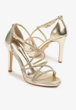 Złote Sandały Vices na Szpilce Ozdobione Cyrkoniami Sarerelle