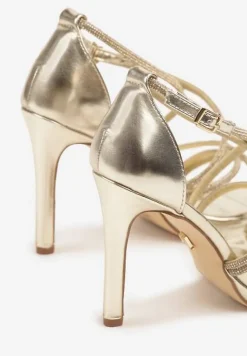 Złote Sandały Vices na Szpilce Ozdobione Cyrkoniami Sarerelle