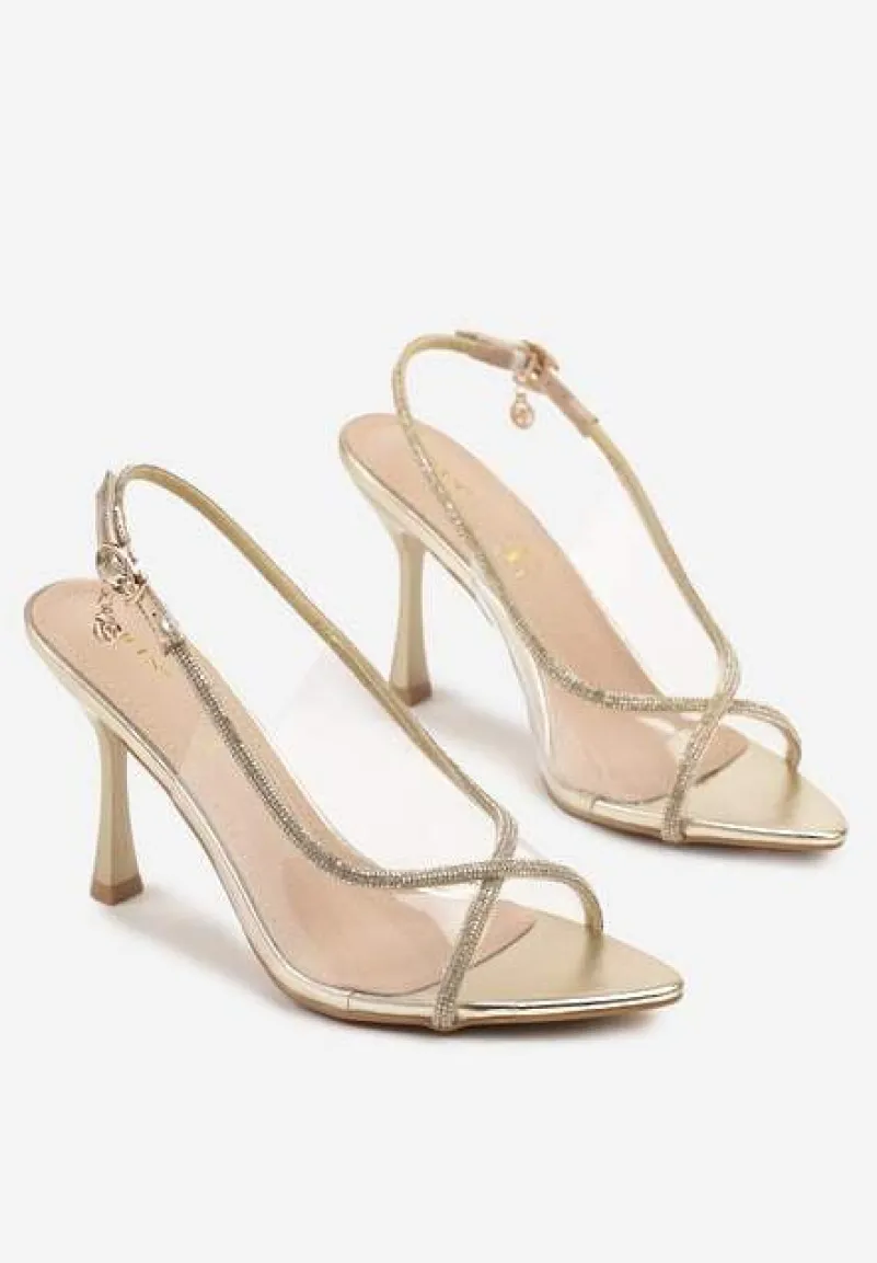 Złote Sandały Vices na Szpilce z Cyrkoniowymi Paskami Ovilira