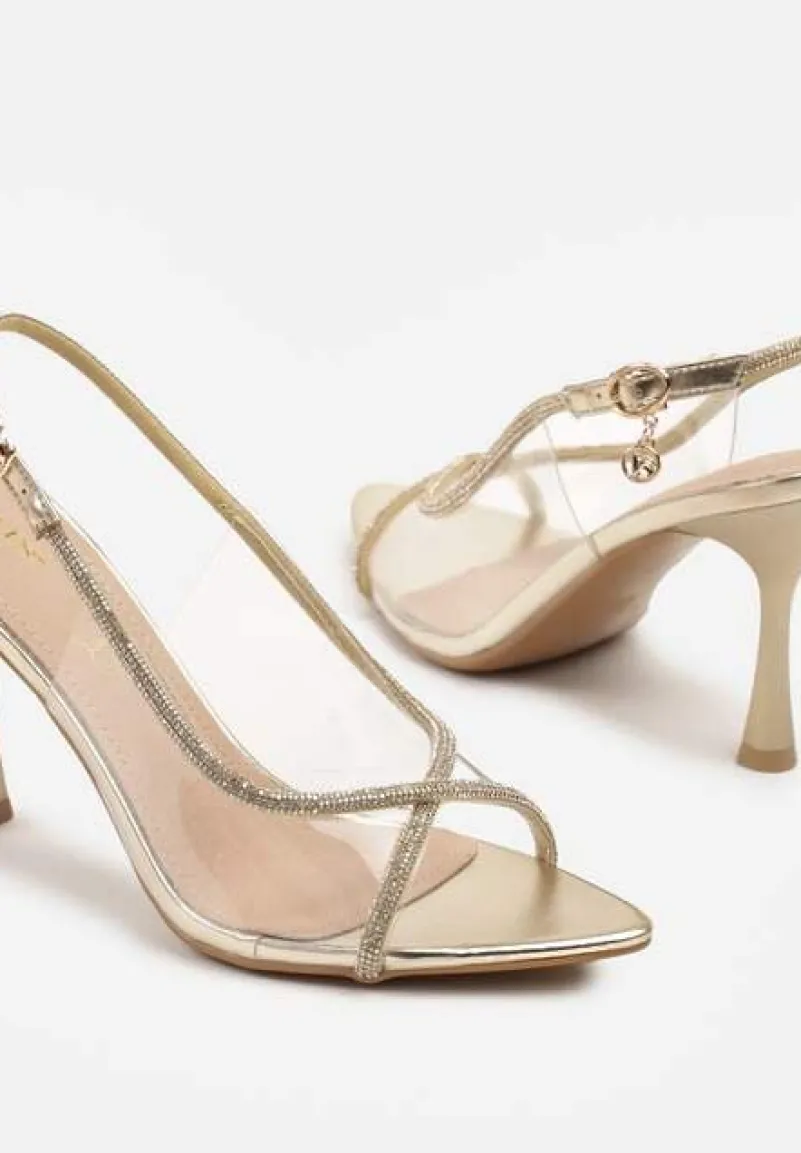 Złote Sandały Vices na Szpilce z Cyrkoniowymi Paskami Ovilira