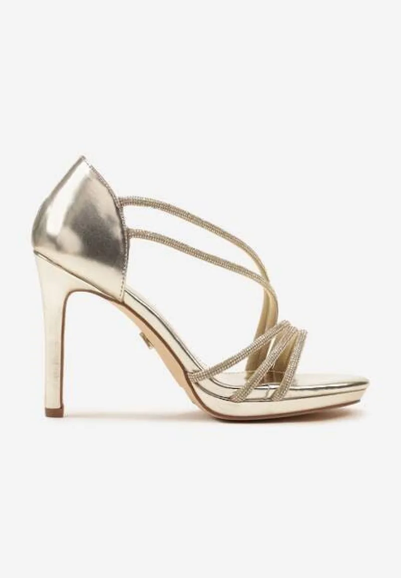 Złote Sandały Vices na Szpilce Ozdobione Cyrkoniami Noritia