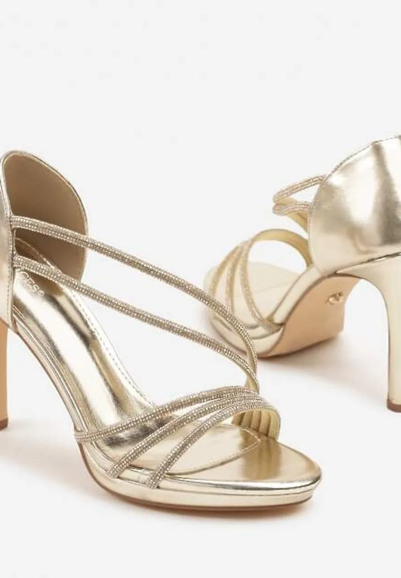 Złote Sandały Vices na Szpilce Ozdobione Cyrkoniami Noritia