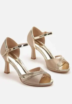 Złote Sandały Vices na Szpilce Ozdobione Cyrkoniami i Brokatem Oviasse