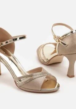 Złote Sandały Vices na Szpilce Ozdobione Cyrkoniami i Brokatem Oviasse
