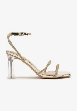 Złote Sandały Vices Ozdobione Cyrkoniami na Przeźroczystej Szpilce Nativira