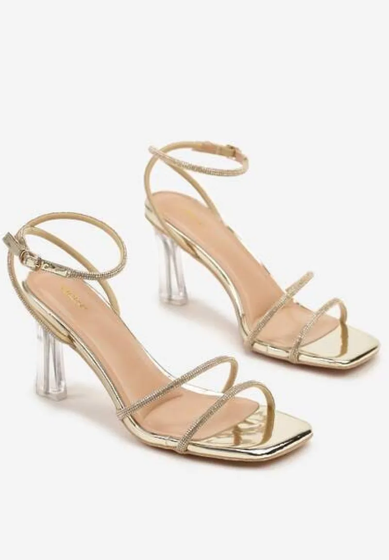 Złote Sandały Vices Ozdobione Cyrkoniami na Przeźroczystej Szpilce Nativira