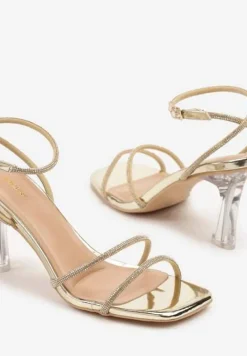 Złote Sandały Vices Ozdobione Cyrkoniami na Przeźroczystej Szpilce Nativira