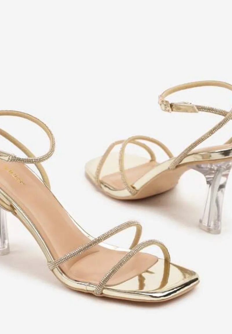 Złote Sandały Vices Ozdobione Cyrkoniami na Przeźroczystej Szpilce Nativira