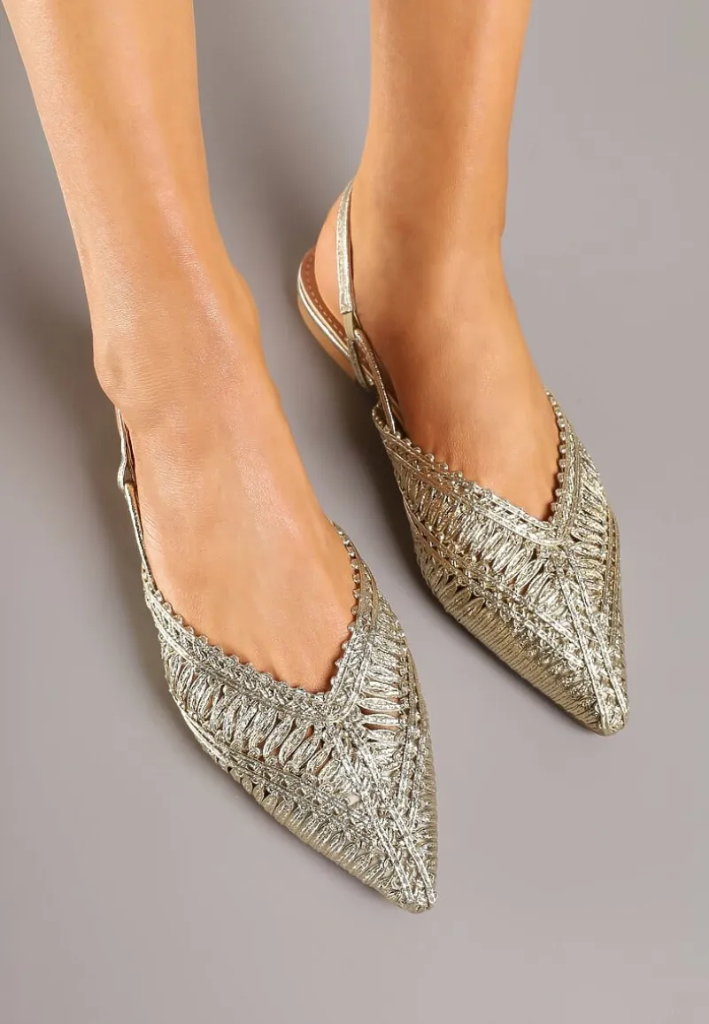 Złote Sandały Vices Slingback z Plecioną Cholewką i Metaliczną Nicią Nilannia